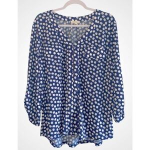 Como Blu Blue & White Polka Dot V-Neck Tab Sleeve Pullover Tunic Blouse XL